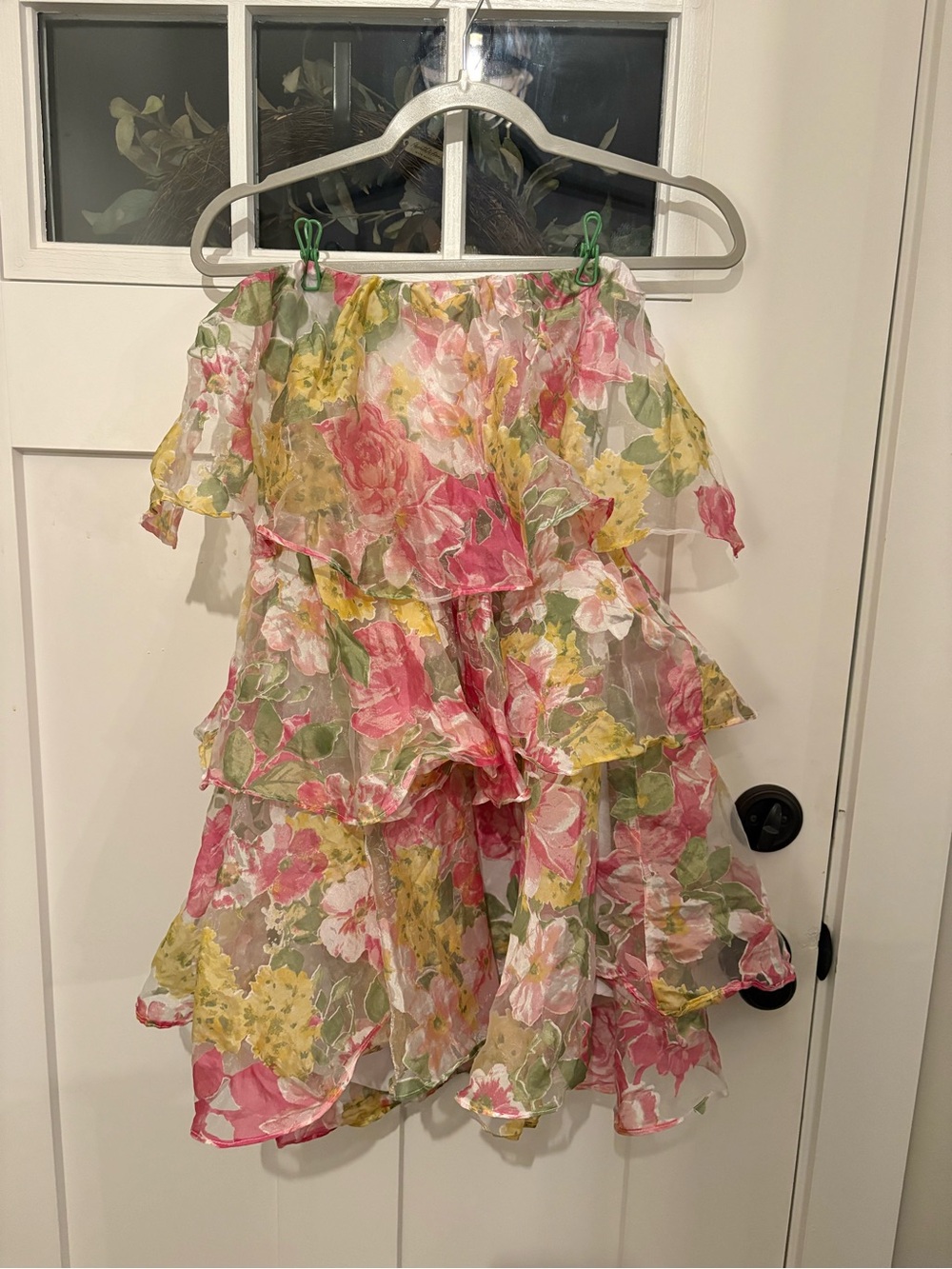 Olivaceous Strapless Floral Tiered Ruffle Dress in Pink, Yellow & Green